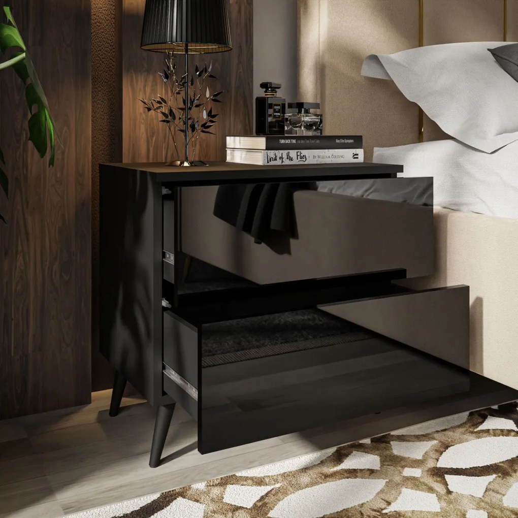 NOČNÝ STOLÍK SANTINO ČIERNÝ LESK + ČIERNÉ NOŽIČKY + LED