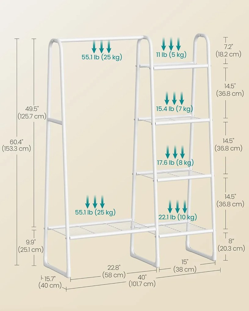 SONGMICS Stojan na oblečenie s tyčou a 5 policami na uloženie 40×101×153 cm, biely