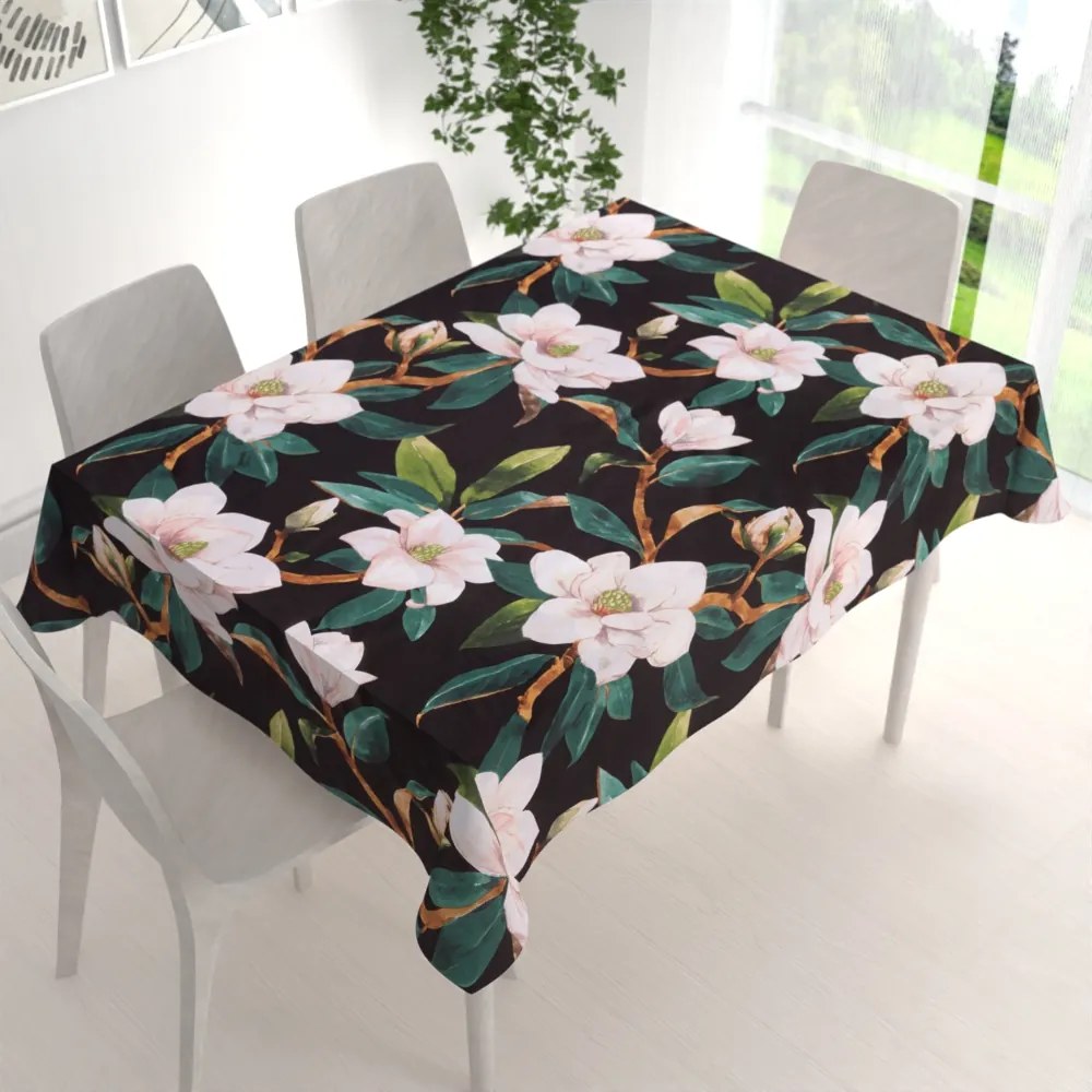 Biante Bavlnený obdĺžnikový obrus Sandra SA-300 Kvety magnólie na čiernom 80x120 cm
