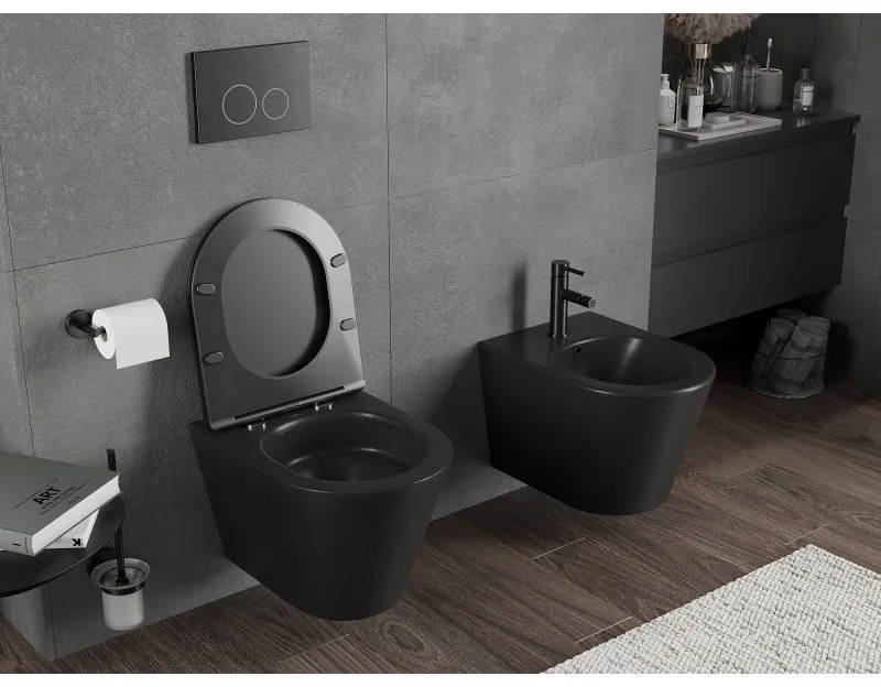 Mexen Rico, závesná WC misa 490x360x370 mm, Rimless Tornádo, čierna matná, 3372XX85T