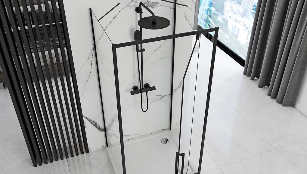 Rea Rapid Swing, 3-stenový sprchovací kút 80 (dvere) x 80 (stena) x 195 cm, 6mm číre sklo, čierny profil, KPL-009949