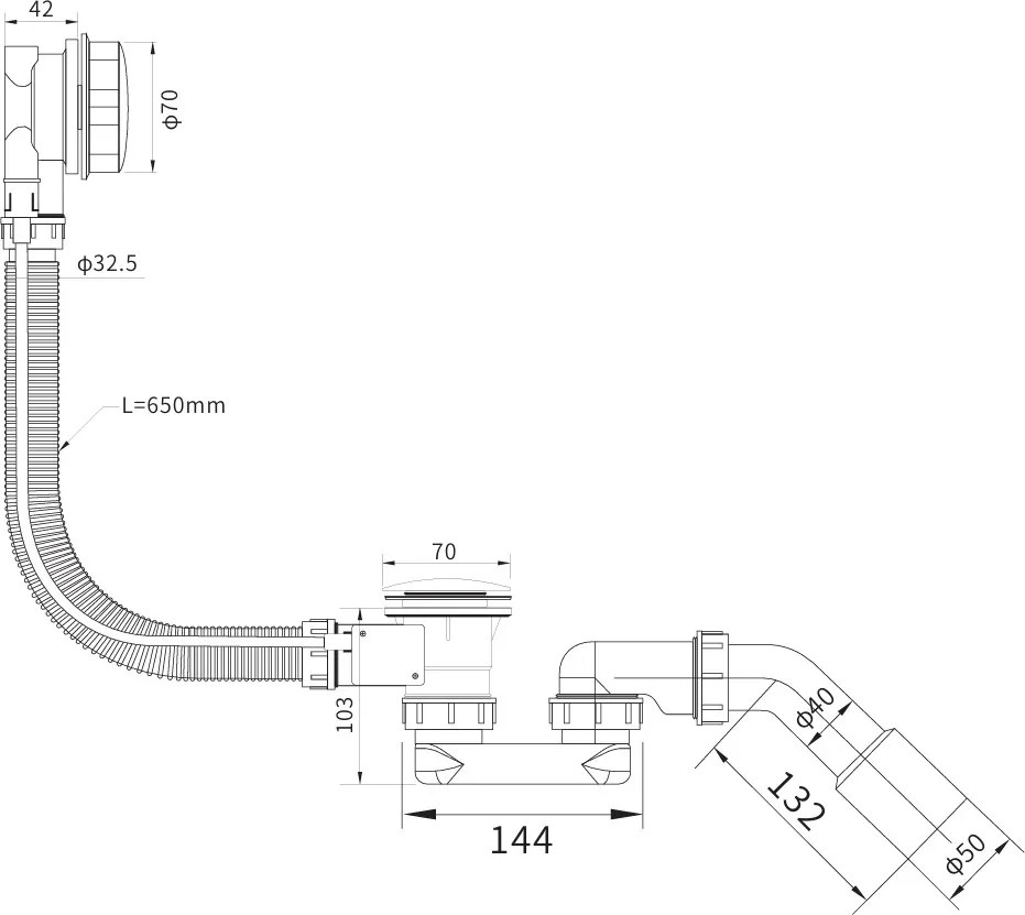 Erga Pureline, vaňová odtoková a prepadová súprava, dĺžka 650 mm, bowden, chrómová, ERG-V08-PURELINE-SIPHON60-CR