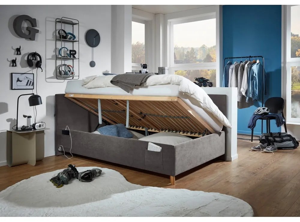 Antracitová čalúnená rohová detská posteľ s úložným priestorom s roštom 90x200 cm Cool – Meise Möbel