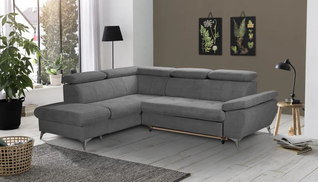 Rohová sedacia súprava Gisele, stredne šedá látka, ľavý roh