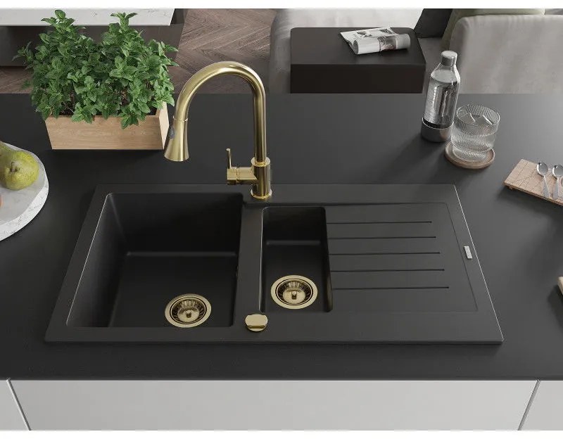 Mexen Matias, 1,5-komorový granitový drez 900x505x200 mm a drezová batéria Elia, čierna, 6502-77-670101-50