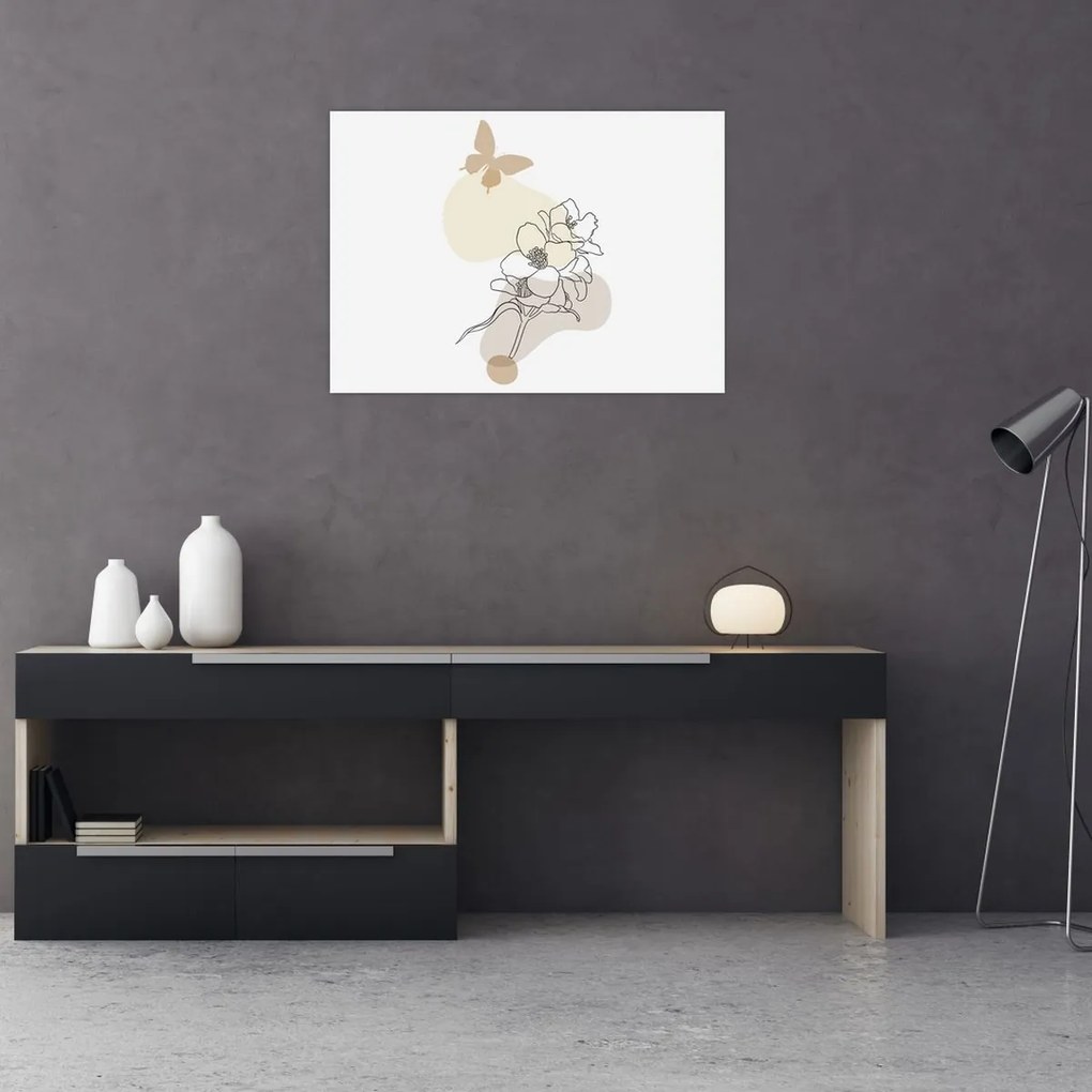 Sklenený obraz - Béžové kvety s motýľom N⁰3 (70x50 cm)