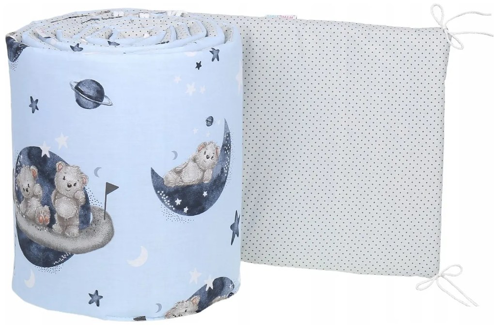 Ochranný mantinel do postieľky 180x30 cm BABYMAM PREMIUM - Medvedíci vo vesmíre/tm. bodky na šedej