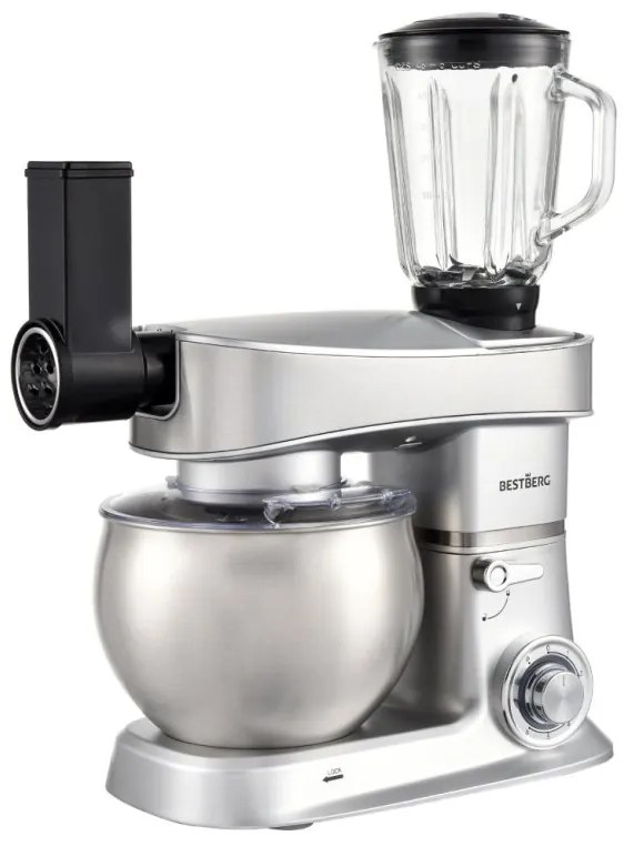 MEGAKOMBO BestBerg BBR-2000S multifunkčný kuchynský robot s nástavcami na cestoviny + 15-dielna sada hrncov a panvíc s nepriľnavým povrchom z nehrdzavejúcej ocele BestBerg BBSC-15 / strieborná