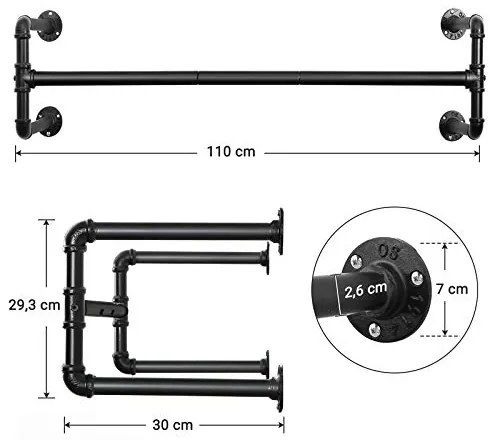 Nástenný vešiak na oblečenie, čierny, 29,3x110x30cm