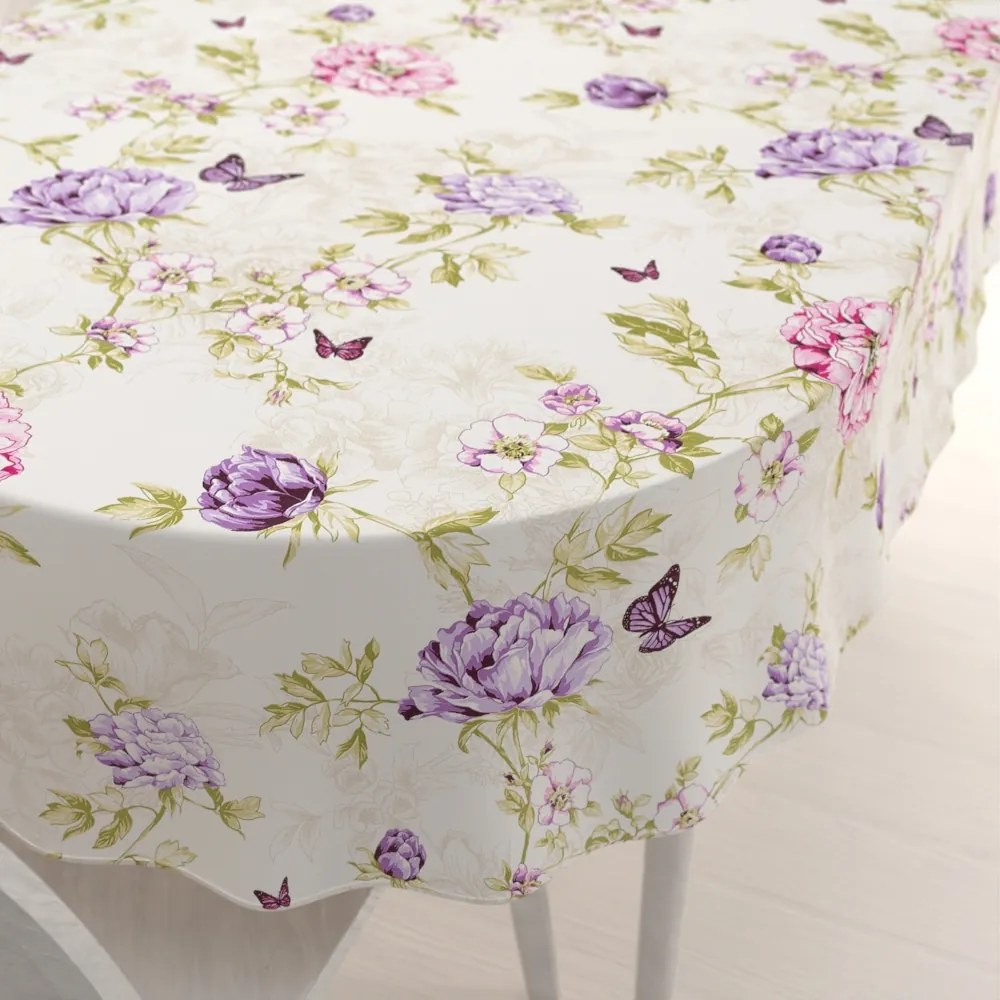 Biante Bavlnený oválny obrus Sandra SA-532 Fialové kvety s motýlikmi na svetlo krémovom 120x180 cm