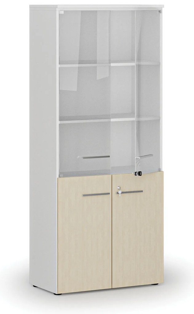 Kombinovaná kancelárska skriňa PRIMO WHITE s drevenými a sklenenými dverami, 800 x 420 x 1781 mm, biela/breza