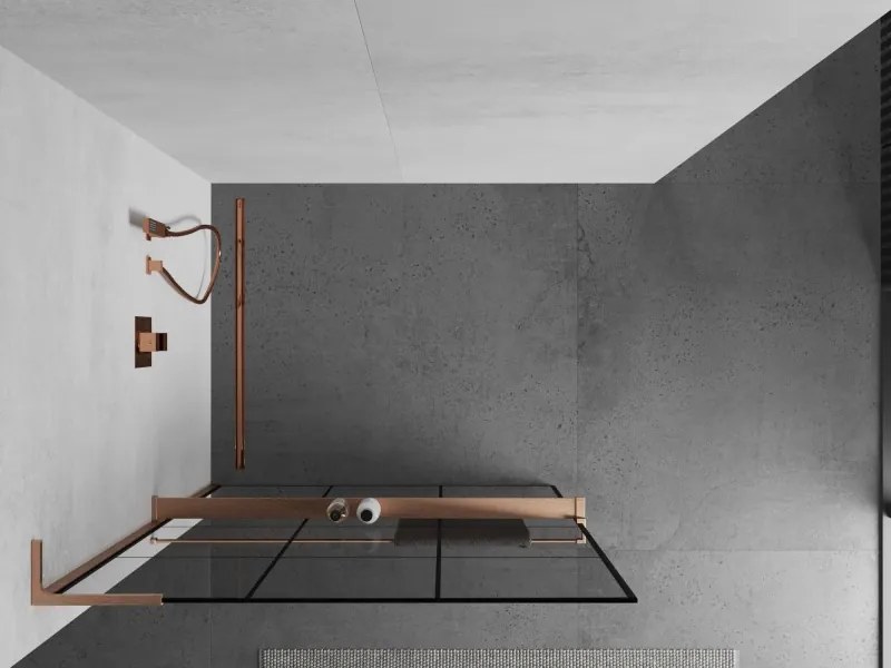 Mexen Kioto+ L, sprchová zástena Walk-In s poličkou a vešiakom 100 x 200 cm, 8mm číre sklo čierny vzor, medený matný profil, 800-100-123-65-77
