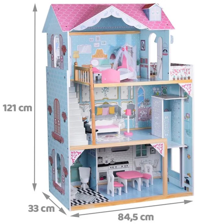 Jokomisiada Veľký drevený domček pre bábiky + drevený nábytok v pastelových farbách ZA5457