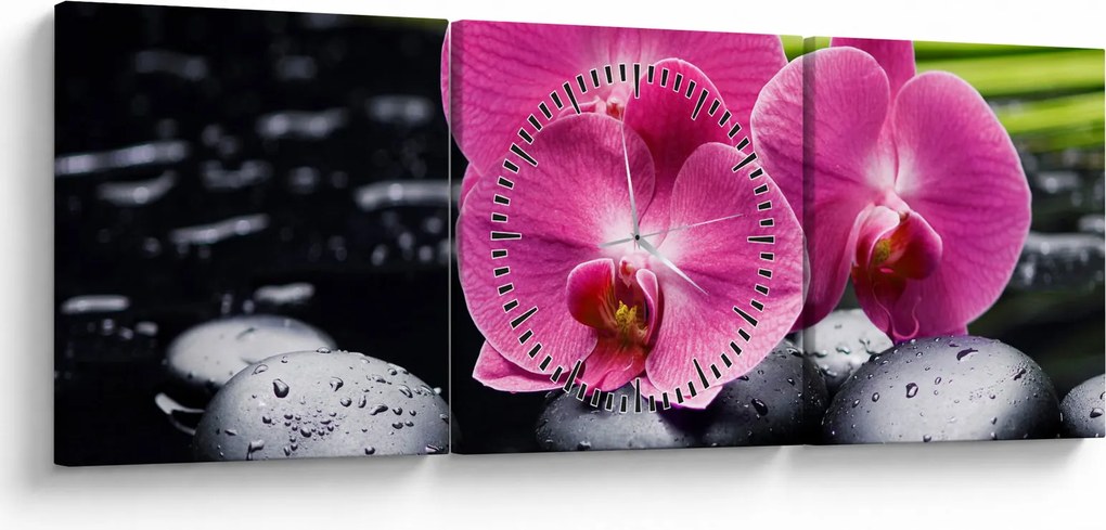 Obraz - Ružové orchidey s palmovým listom (s hodinami) (90x30 cm)