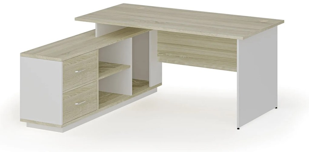 Kancelársky stôl so skrinkou MIRELLI 160x160 cm, ľavý, biely/dub sonoma