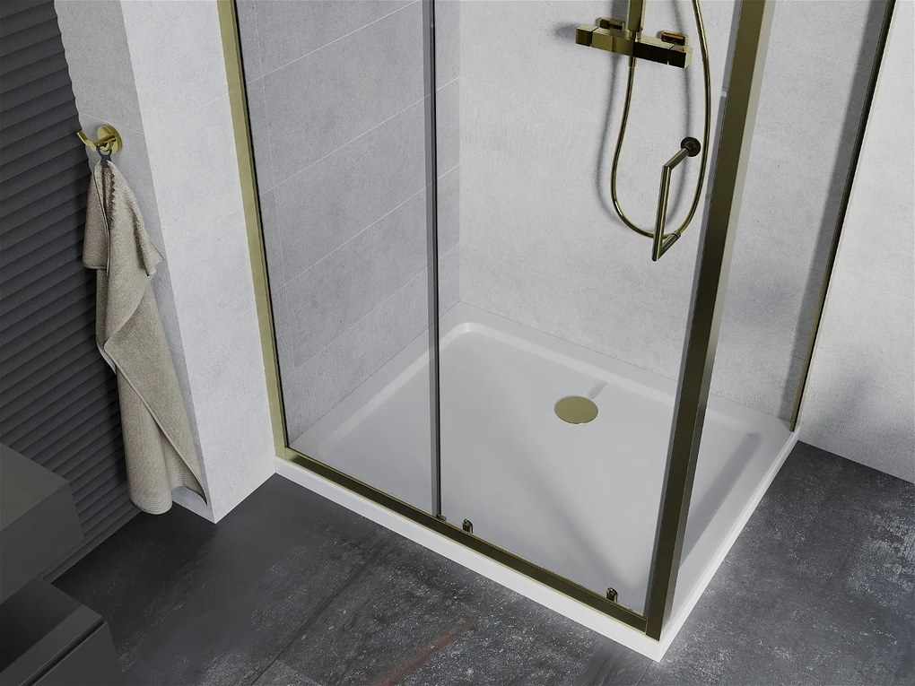 Mexen Apia sprchovací kút s posuvnými dverami 90 (dvere) x 80 (stena) cm, 5mm číre sklo, zlatý profil + biela sprchová vanička SLIM, 840-090-080-50-00-4010G