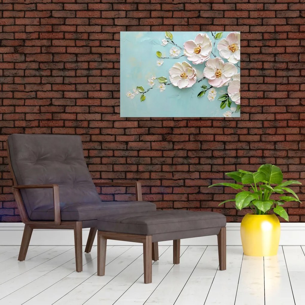 Sklenený obraz - Kvietky na modrom pozadí (70x50 cm)