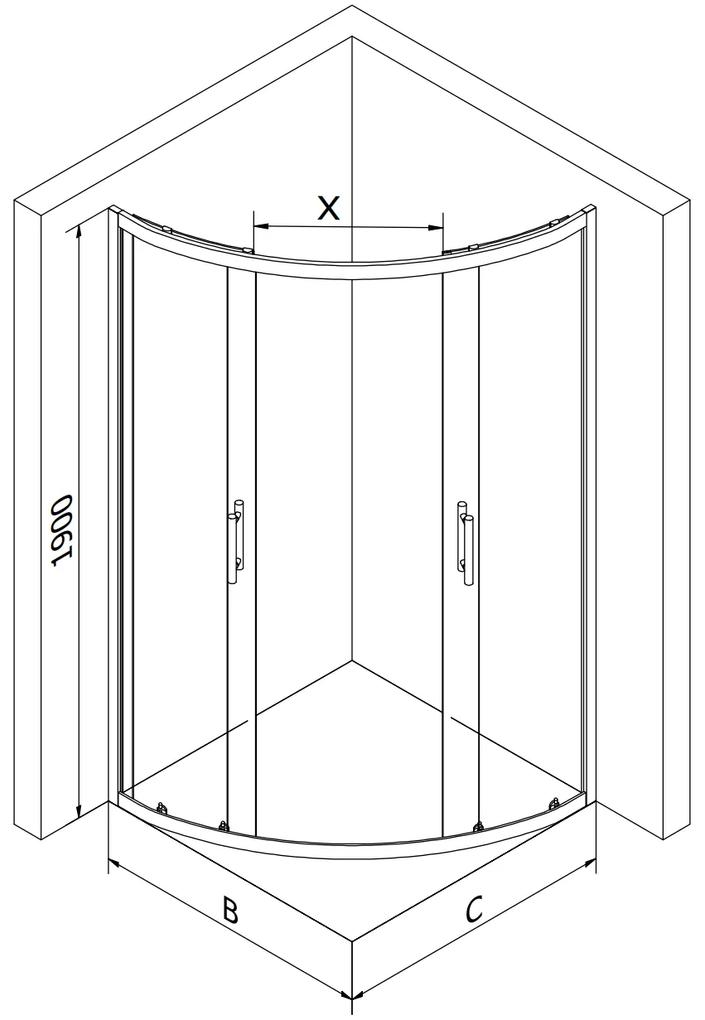 Mexen Rio, štvrťkruhový sprchovací kút s posuvnými dverami 80 x 80 cm, 5mm číre sklo, čierny profil + čierna sprchová vanička, 863-080-080-70-00-4170B