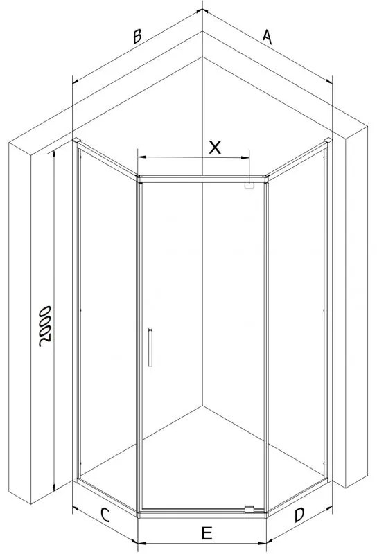 Mexen Exo, päťuholníkový sprchový kút s výklopnými dverami 90 x 90 cm, 6mm číre sklo, čierny profil, 812-090-090-70-00