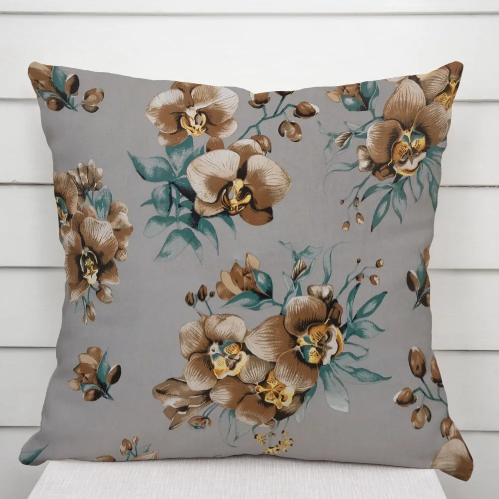Biante Bavlnená obliečka na vankúš Sandra SA-622 Hnedé orchidey na sivom 45 x 45 cm