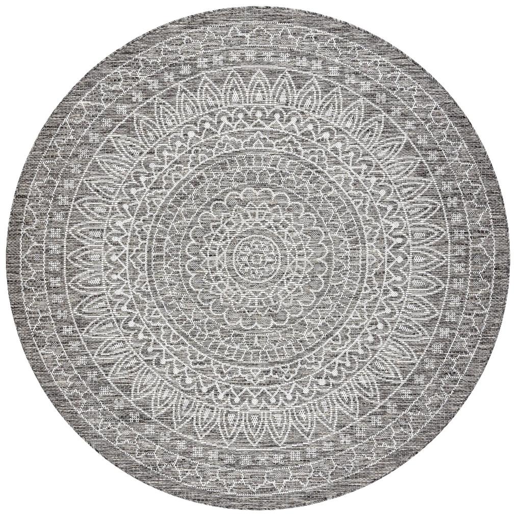 Šnúrkový okrúhly koberec SIZAL LOFT 21207 BOHO Mandala, slonovinová kosť - sivý