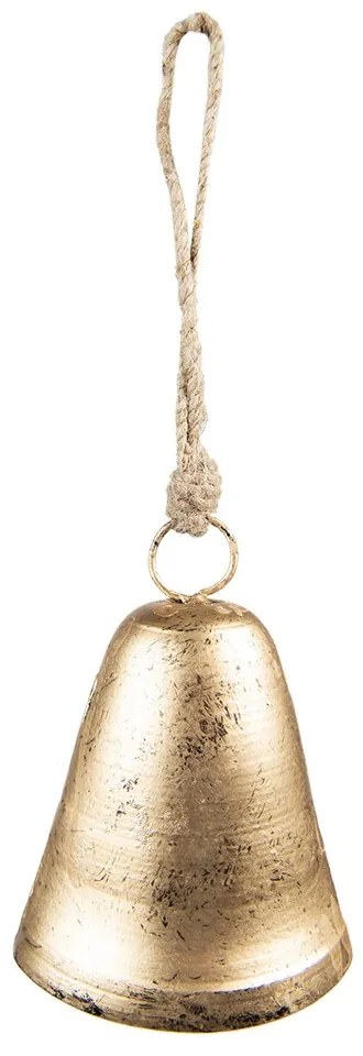 Zlatý retro kovový zvonček na jutovom povrázku - 10*6*13 cm