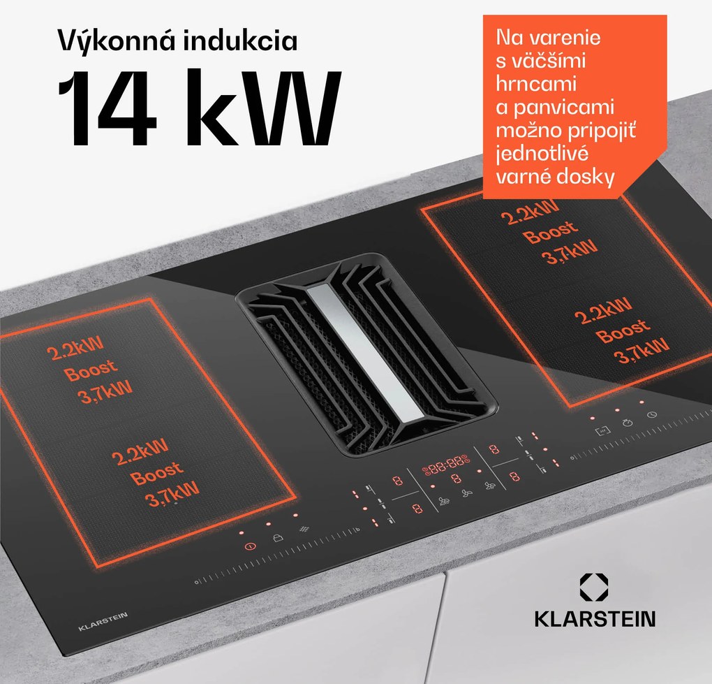 Klarstein AirJet FlexPro Down Air System, Indukčná doska + digestor, Flexi zóna, Booster