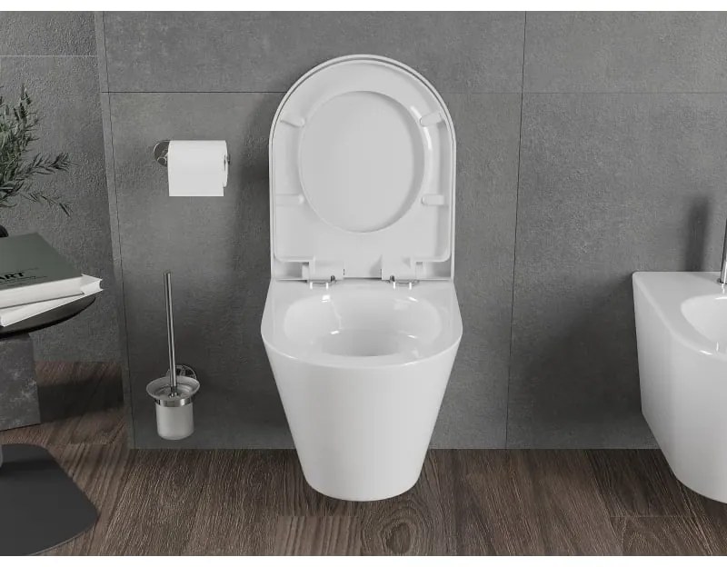 Mexen Rico, závesná WC misa 490x360x370 mm, Rimless Tornádo + WC sedadlo z duroplastu, biela lesklá, 30720200T