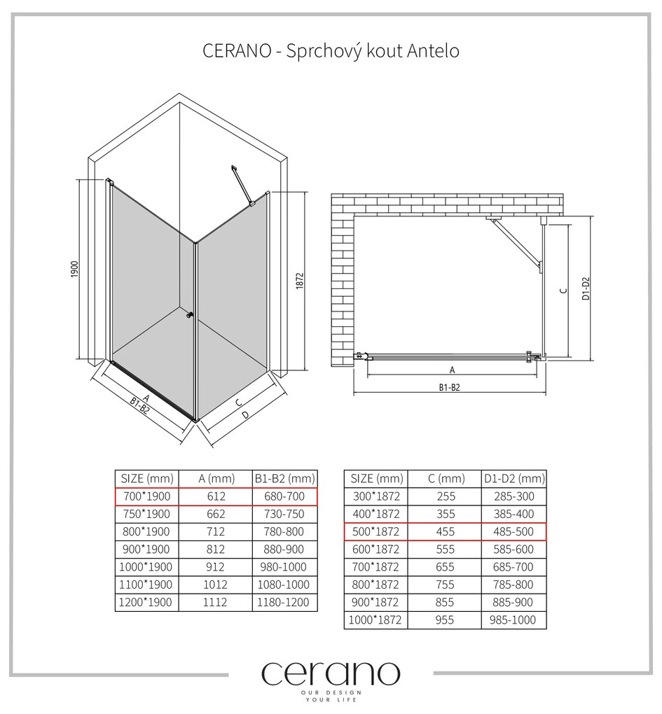 CERANO - Sprchovací kút Antelo L/P - chróm, transparentné sklo - 70x50 cm - krídlový, CER-CER-8050BD116