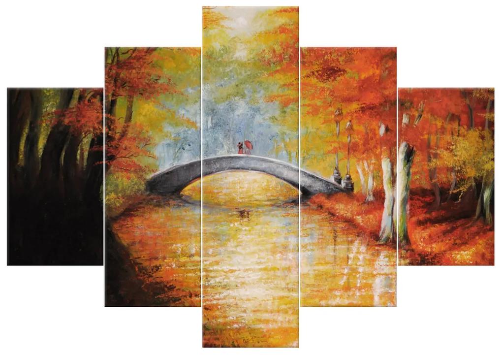 Gario Ručne maľovaný obraz Po jesennom moste - 5 dielny Rozmery: 150 x 105 cm