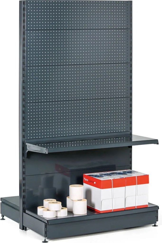 Predajný regál obojstranný, perfo steny, 1900 x 1000 x 900 mm, základný, antracit