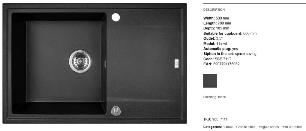 Laveo Megalo, 1-komorový granitový drez 780x500x185 mm, čierna škvrnitá, LAV-SBE_711T