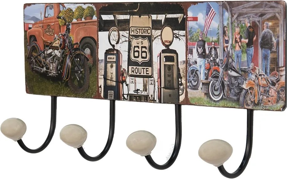 Nástenný kovový vešiak so 4-mi háčikmi Route 66 - 40*7*18 cm