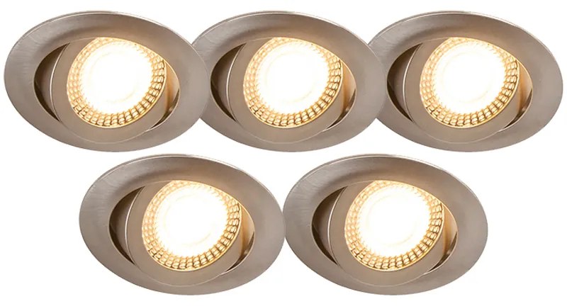 Sada 5 moderných zapustených bodových svetiel z ocele vrátane 3-stupňového stmievania LED - Mio
