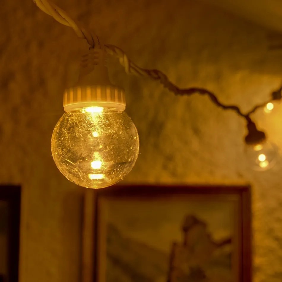 DECOLED LED párty svetlo 5 m vonkajšie, 10 teplých bielych LED diód, priehľadné žiarovky, biely kábel, IP44, Easy Fix, možnosť pripojenia