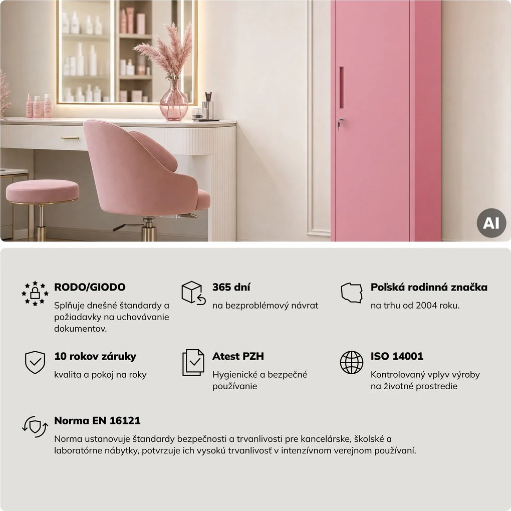 Kovová kancelárska skriňa na dokumenty, vysoká, pudrová ružová, 450x1850x400 mm: ALEX Fresh Style