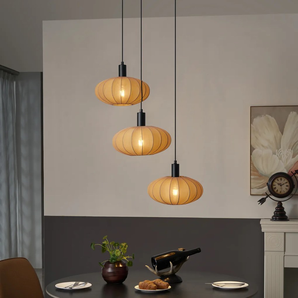 Japandi závesná lampa čierna s hnedým látkovým tienidlom 3-svetlá - Bida