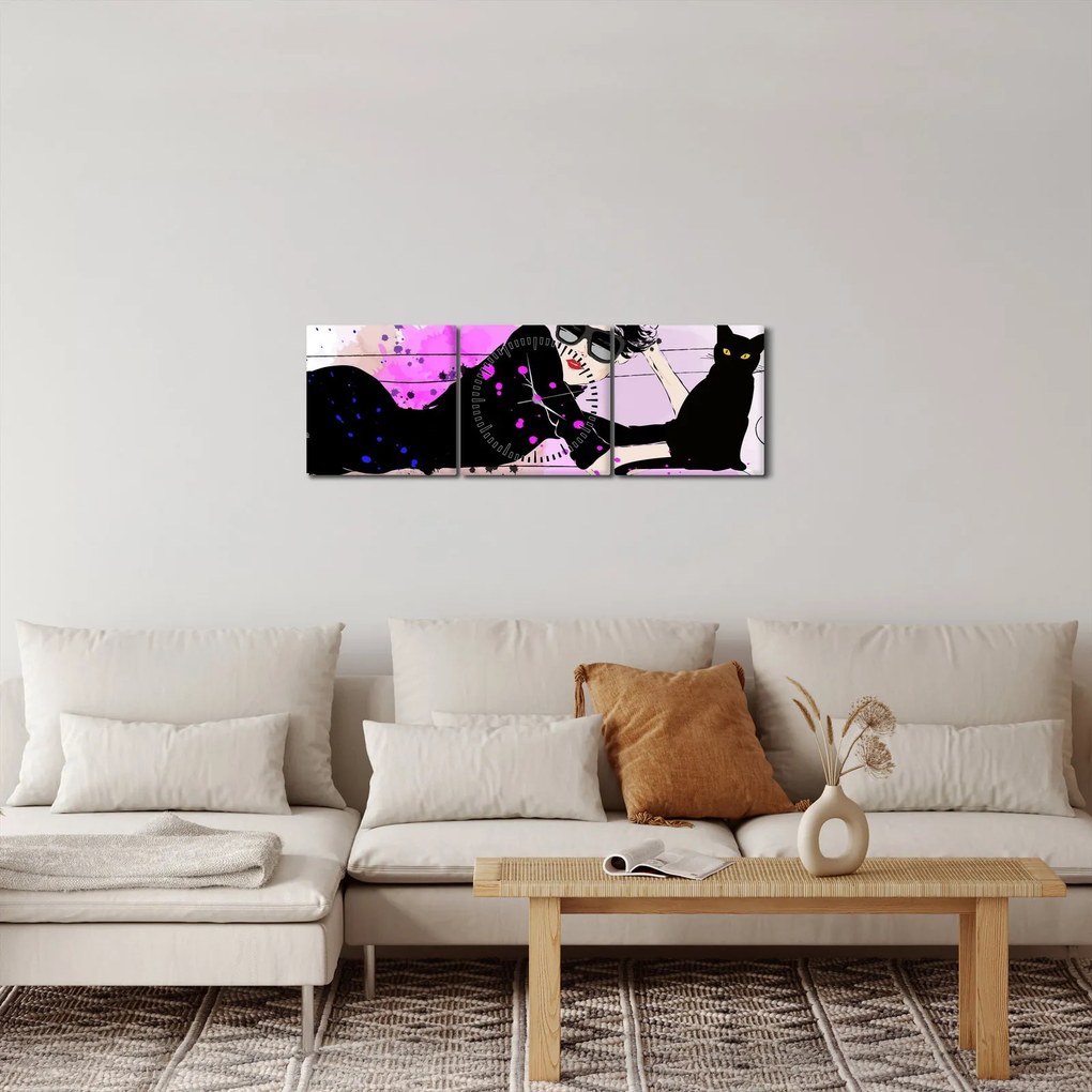 Obraz - Žena s čiernou mačkou (s hodinami) (90x30 cm)