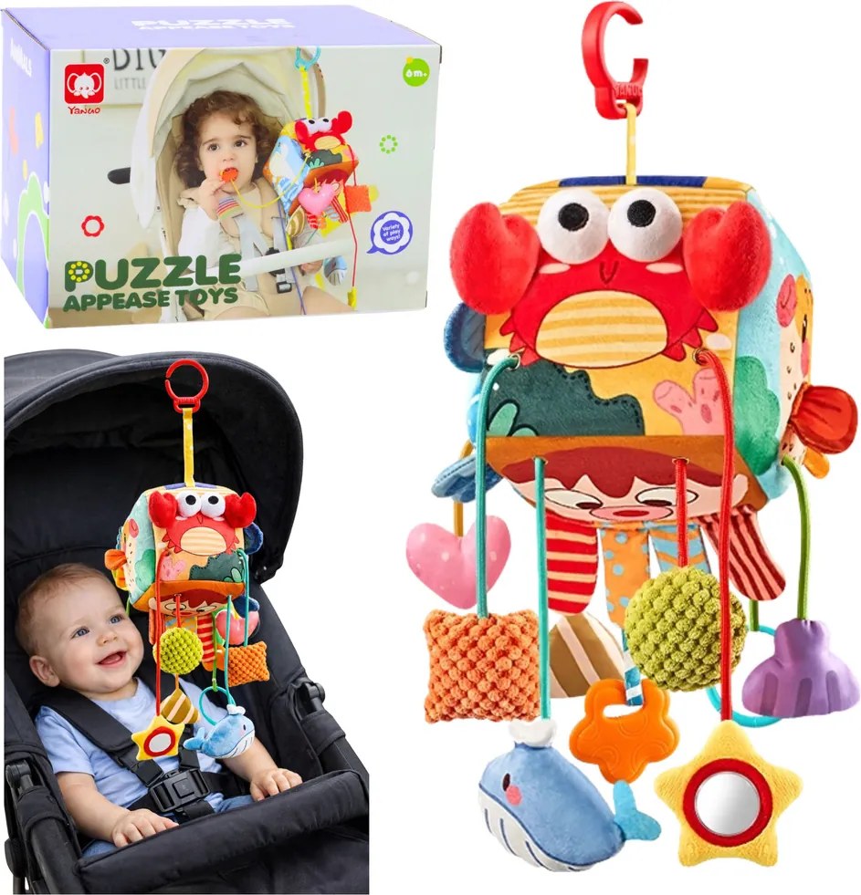 LEAN Toys Senzorická kocka do postieľky s príveskom Morské zvieratá