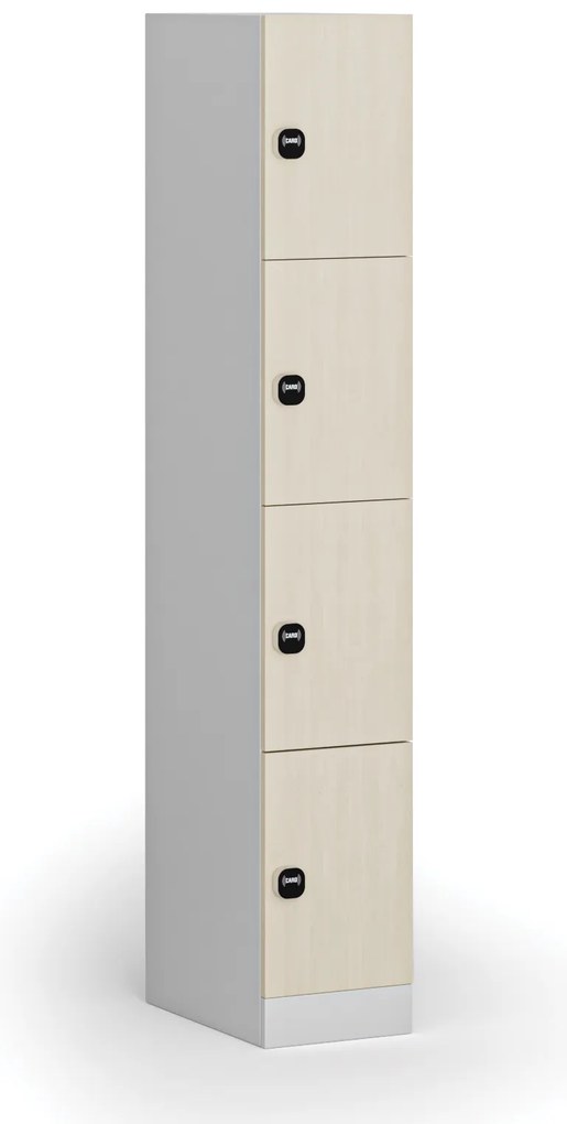 Šatníková skrinka s úložnými boxmi, 4 boxy, 1850 x 300 x 500 mm, demont, zámok s čítačkou RFID kariet, laminované dvere, breza