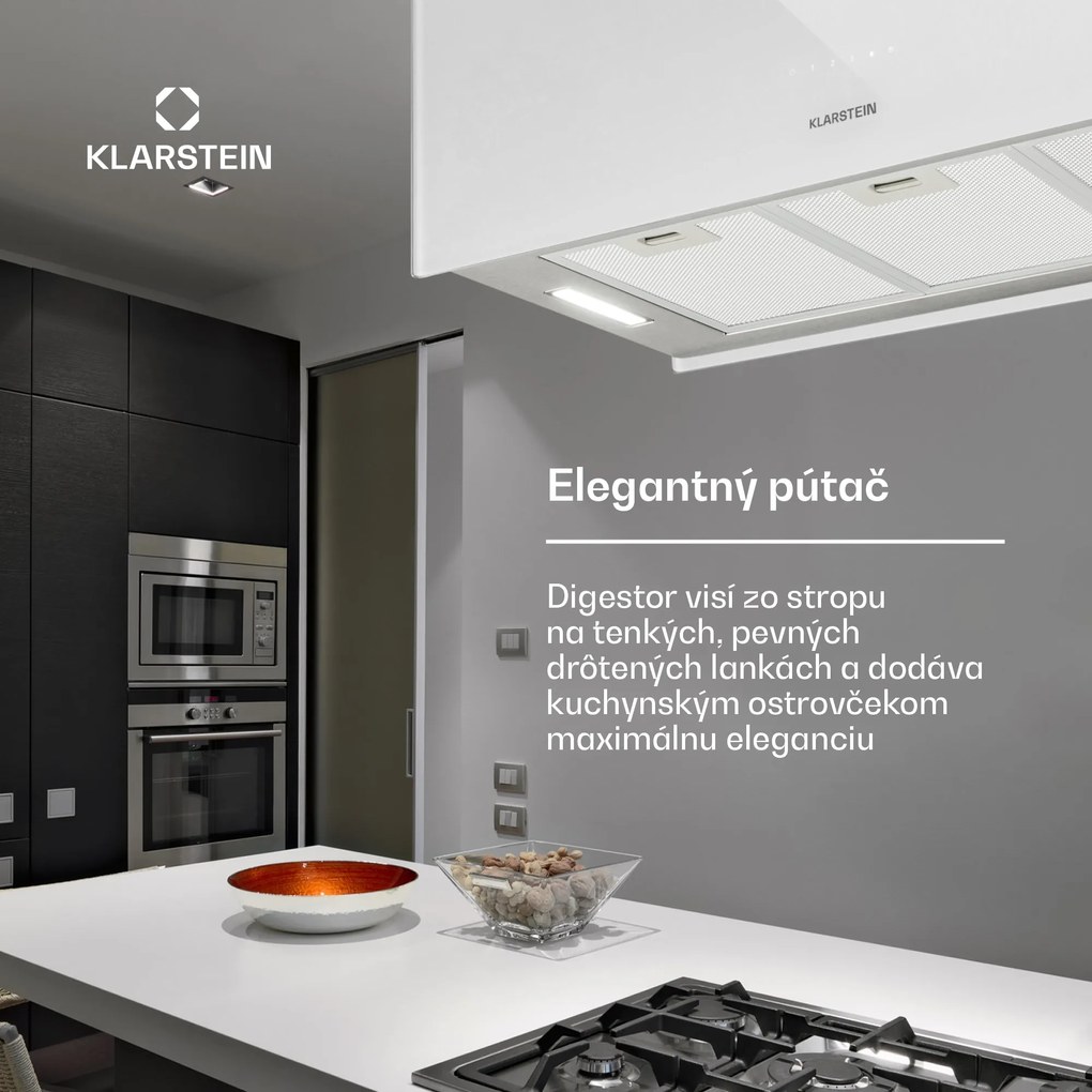 Klarstein Kronleuchter XL, digestor, 90 cm, ostrovčekový, 590 m³/h, dotykové ovládanie, LED, biely