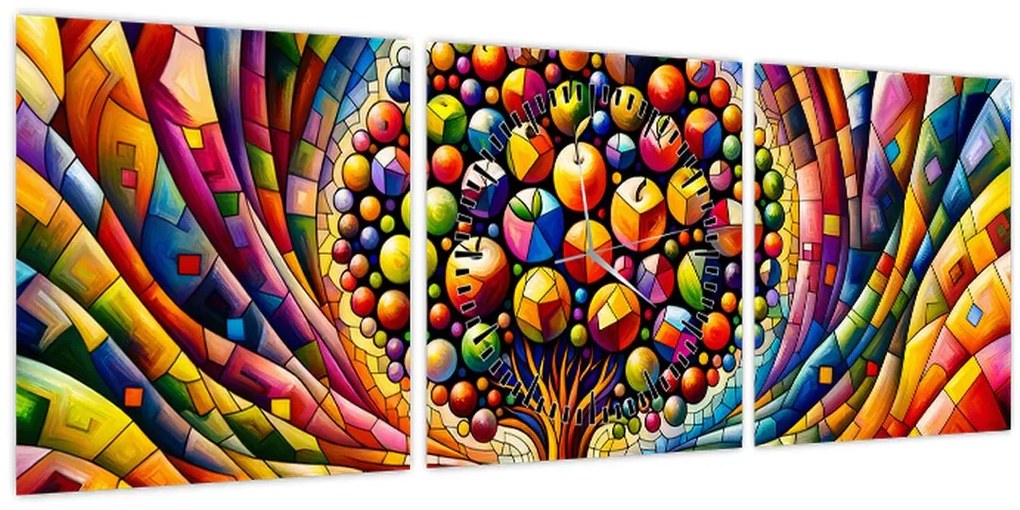 Obraz – Farebný strom s jablkami (s hodinami) (90x30 cm)