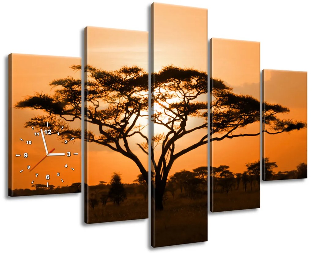 Gario Obraz s hodinami Nádherná africká krajina - 5 dielny Rozmery: 150 x 70 cm