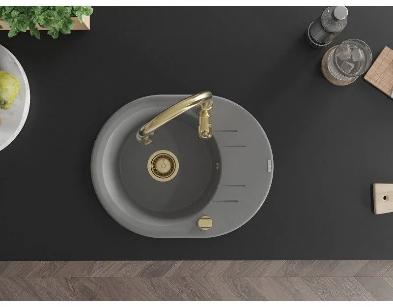Mexen Kevin, granitový drez 586x458x190 mm, 1-komorový a drezová batéria Savita, šedá, 6517-71-672601-50