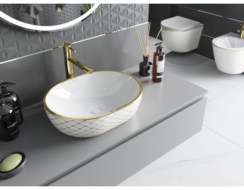 Mexen Viki, umývadlo na dosku 48x35x14 cm, biela-zlatý vzor, 21054809