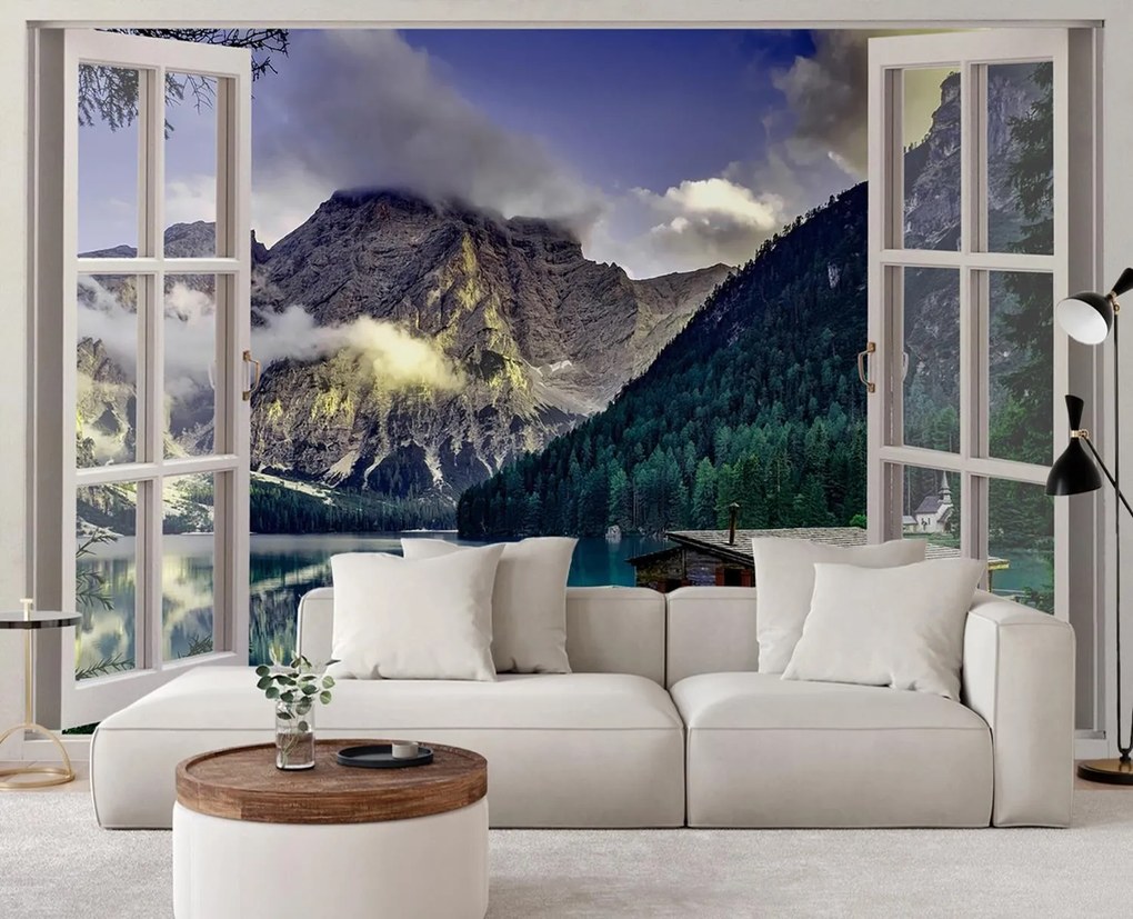 Gario Fototapeta Okno - pohľad na jazero v horách Materiál: Vliesová, Rozmery: 280 x 200 cm