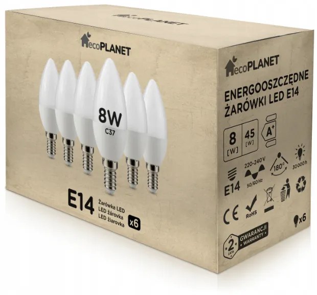 ecoPLANET 6x LED žiarovka E14 sviečka 8W 700lm - teplá biela