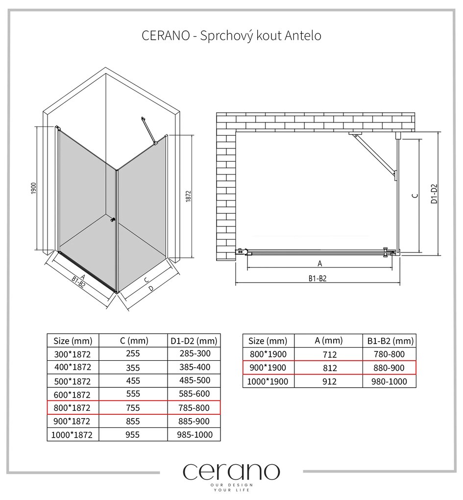 Cerano Antelo, 1-krídlový sprchovací kút 90(dvere) x 80(stena) x 190 cm, 6mm číre sklo, chrómový profil,