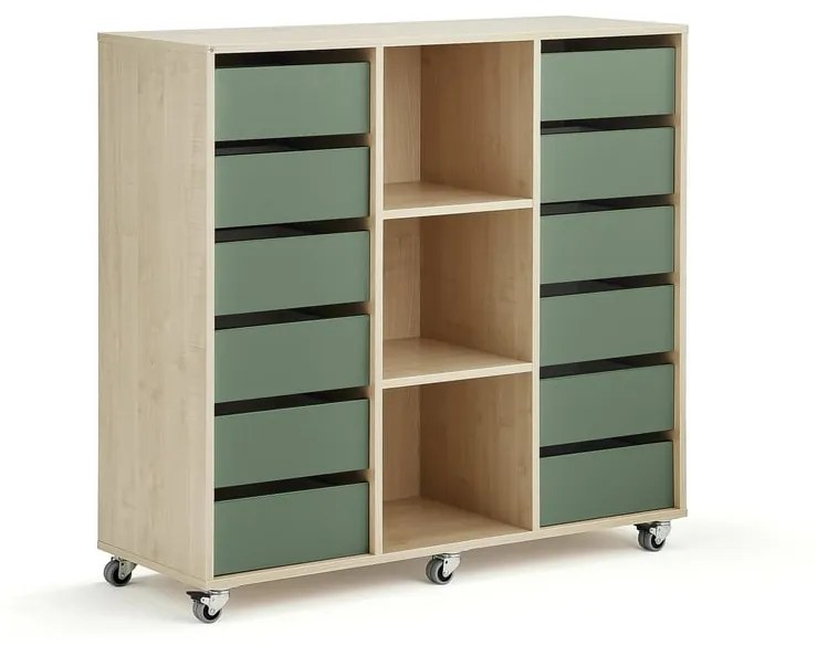 Úložná skriňa CASPER, 12 zásuviek, 3 priehradky, breza, tmavozelená