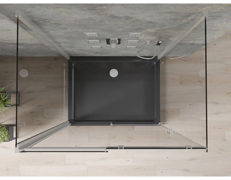 Mexen Omega, 3-stenový sprchovací kút s posuvnými dverami 130 (dvere) x 90 (stena) x 190 cm, 8mm číre sklo, chrómový profil + čierna sprchová vanička SLIM, 825-130-090-01-00-3S-4070